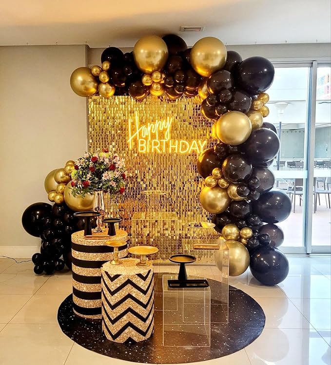 Graduation Balloons, 12 inch Black and Gold Balloons Class of 2025 Black Gold Confetti Latex Balloons with Ribbons for University College High School Grad 2025 Graduation Party Supplies