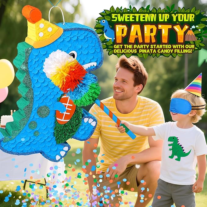 24" Large Dinosaur Pinata Bundle with a Blindfold, Bat and Rope, Dino Baby with Football Decorations for Boy Animal Theme Birthday Party