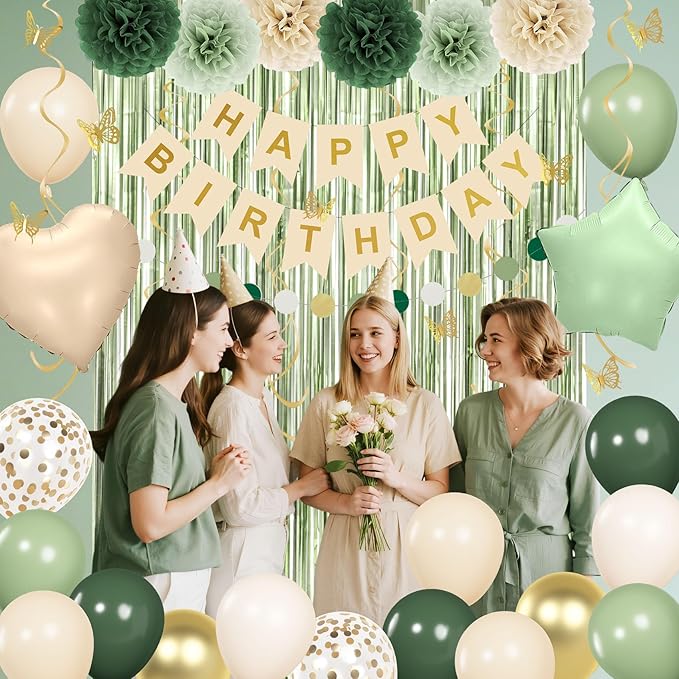 Sage Green Birthday Party Decorations for Women Girls, Green Olive Gold Sand White Confetti Foil Balloons Happy Birthday Banner Fringe Curtain Hanging Swirls Circle Dots Tassels Pompoms Party Supplies