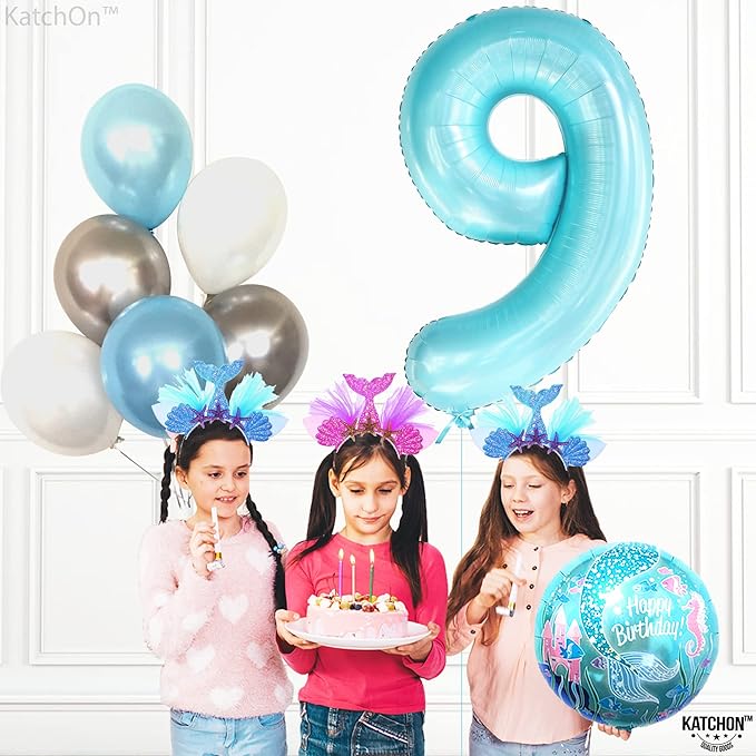 KatchOn, Giant Light Blue Number 9 Balloon - 40 Inch | Foil 9 Birthday Balloon for 9th Birthday Decorations | 9th Anniversary Decoration | Green Party Decoration