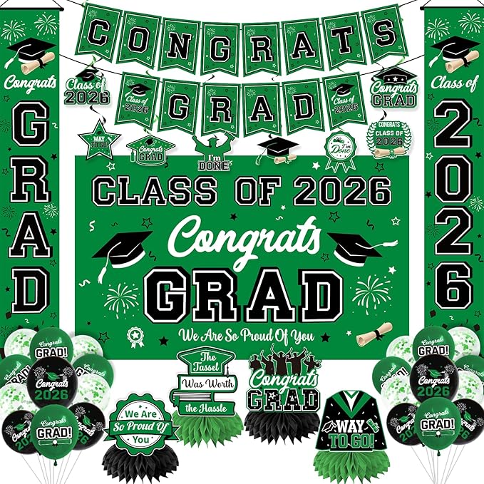 Graduation Decorations Class of 2026 Green Graduation Party Decor Set include Congrats Grad Banner Backdrop Class of 2026 Balloons Party Supplies