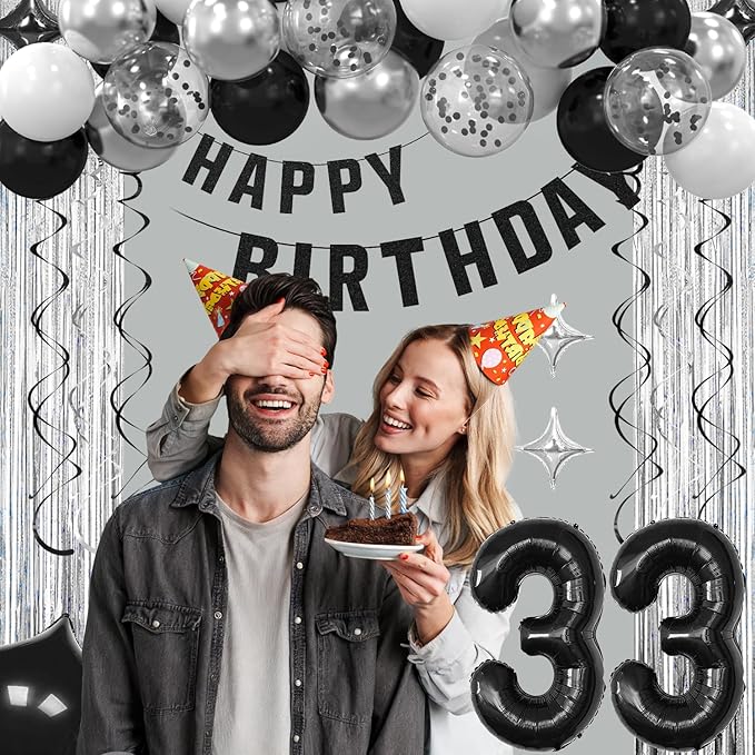 33th Birthday Decorations for Men Women- Black Silver Happy 33th Birthday Party Decor With Banner Backdrop,Number 33 Foil Balloon -Black White Balloons Garland Arch Kit for 33 Years Old