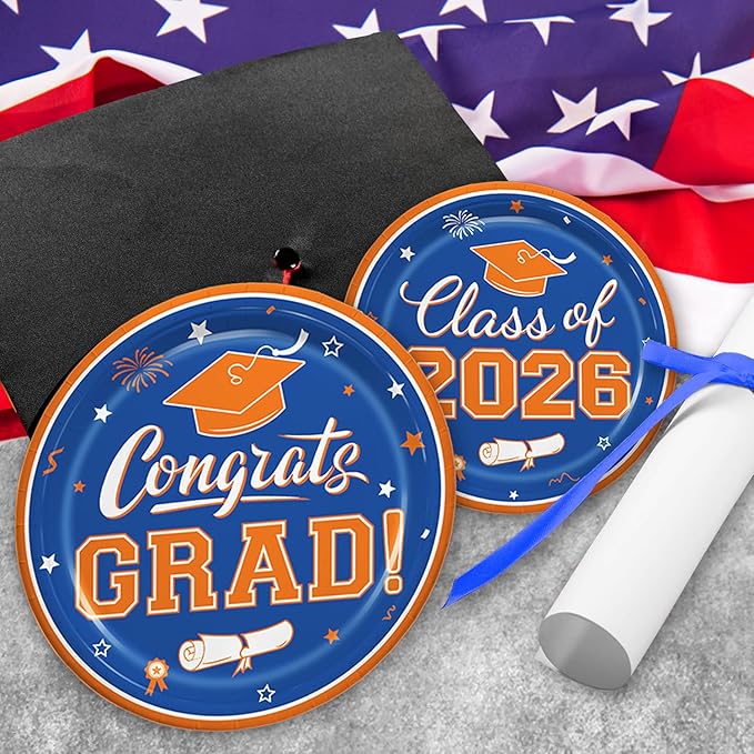 Graduation Blue Orange Party Supplies Kit Dinner Plates Dessert Plates and Napkins for Congrats Grad Party Decorations, Serves 50
