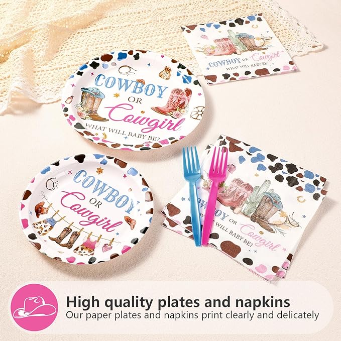 Grencian 96Pcs Western Gender Reveal Decorations Cowboy or Cowgirl Gender Reveal Plates and Napkins Boy or Girl Paper Tableware for Western Rodeo Cowboy or Cowgirl Baby Shower Decorations, Serves 24