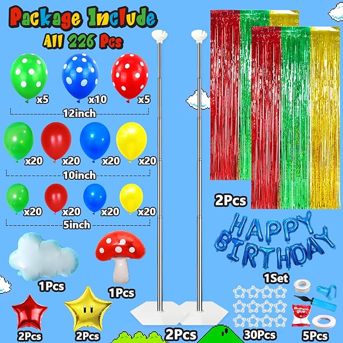 Super Bros Balloons Birthday Party Decorations Supplies Kids,Red Green Yellow Themed Backdrop Balloon Column Arch Garland Party Decor Kit for Boy Girl-226Pcs
