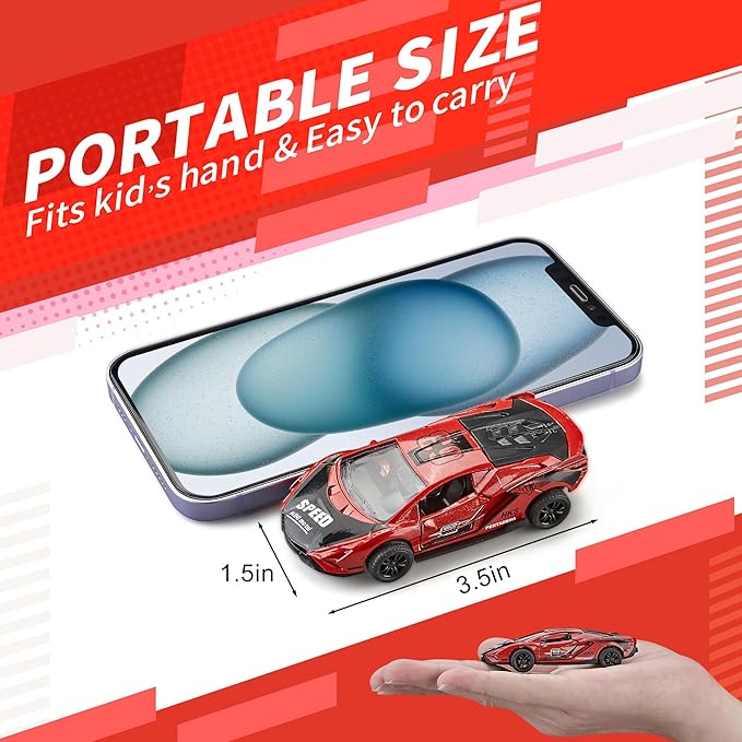 KIDAMI Pull Back Cars for Kids, Sports Car Die Cast Metal Toy Cars Playset with Door Openable, Vehicles Race Toys for Toddlers, Boys, Girls’ Educational Play (4 Pack)