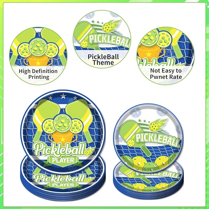 Rakuto Pickleball Party Plates Supplies - 96PCS Pickleball Player Themed Disposable Paper Plates Forks Napkins Tableware Set Pickleball Sports Baby Shower Birthday Party Decorations(24 Guests)