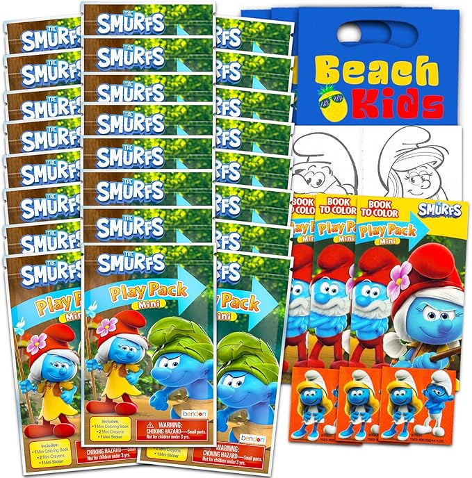 Disney Smurfs Mini Party Favors Set for Kids - Bundle with 24 Mini Smurfs Grab n Go Play Packs with Coloring Pages, Stickers and More (Smurfs Birthday Party Supplies)