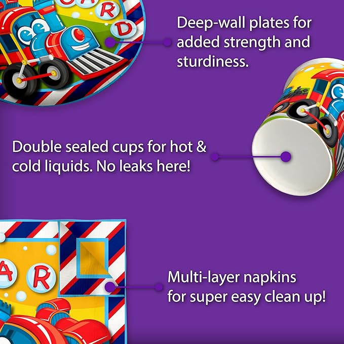 All Aboard! Train Birthday Party Supplies Set Plates Napkins Cups Tableware Kit for 16
