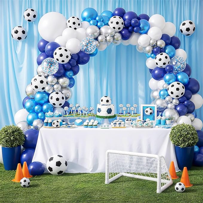 Soccer Party Decorations, Soccer Balloon Arch Kit, Metallic Blue White Silver Navy Blue Balloons Garland with Soccer Print Balloons for Kids Boys Football Sports Theme Baby Shower Party Supplies