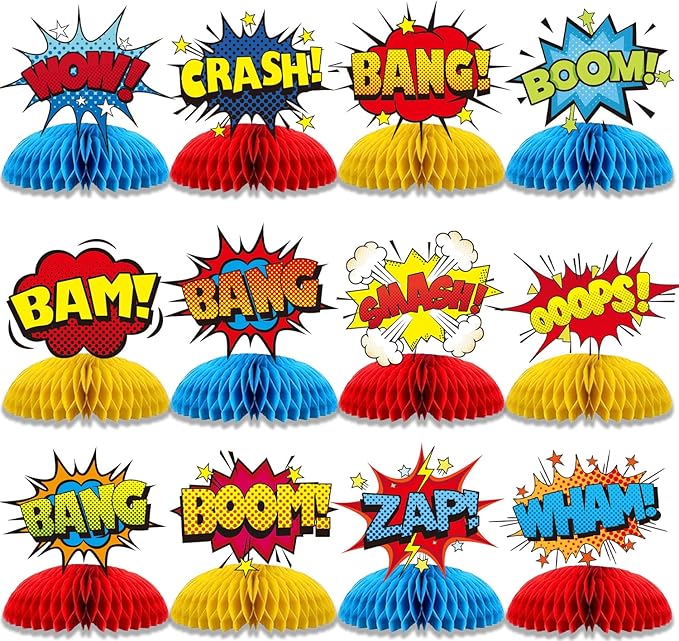 12 Pcs Hero Table Honeycomb Centerpieces, Hero Theme Happy Birthday Party Decorations for Women Men, Fun Action Standing Card Party Decor Party Supplies