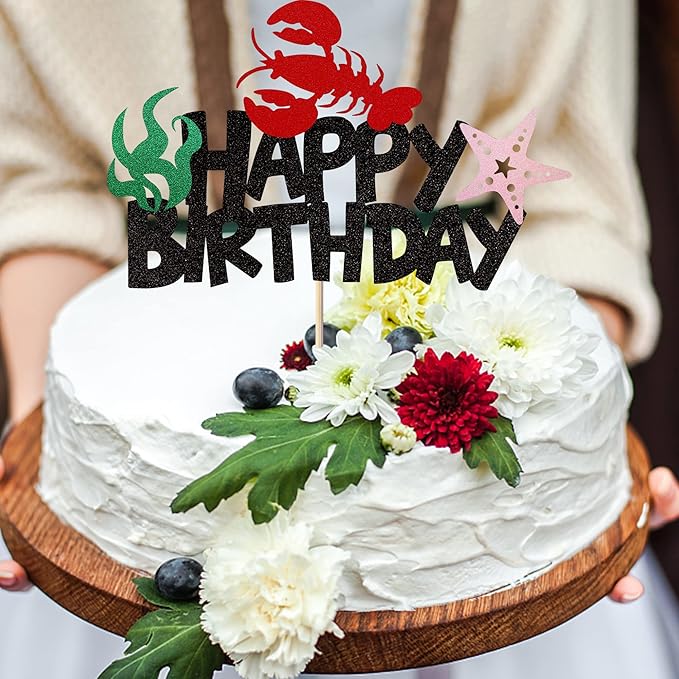 1 Pack Crawfish Happy Birthday Cake Topper Glitter Lobster Starfish Seaweed Theme Birthday Cake Pick for Baby Shower Birthday Ocean Party Cake Decoration Supplies Black