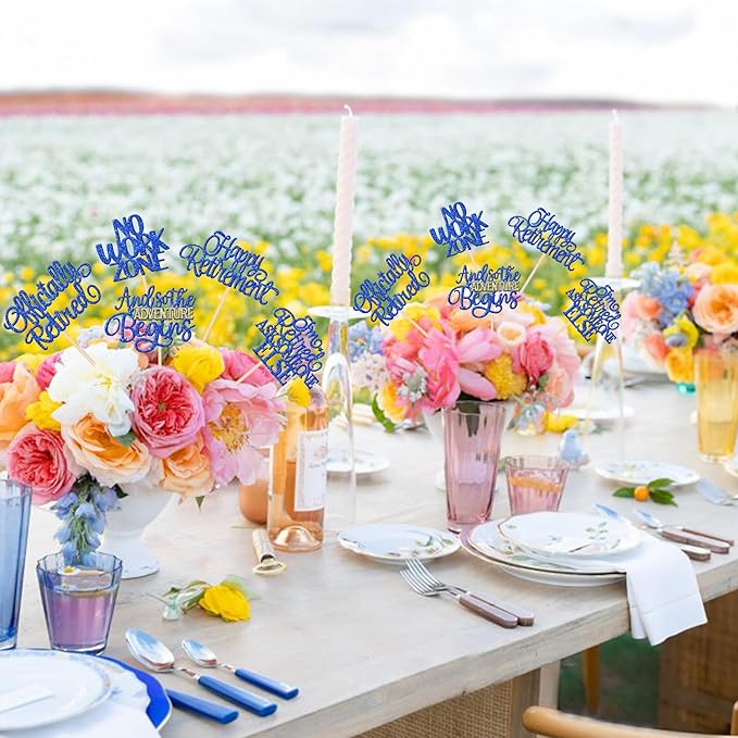 15 PCS Happy Retirement Centerpiece Sticks Officially Retired Table Flower Centerpieces Sticks No Work Zone Floral Decorations for Retirement Theme Farewell Birthday Party Centerpieces Supplies Blue