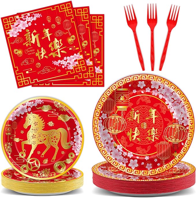 96 Pcs Chinese New Year Party Supplies Paper Plates Napkins Happy 2026 Red Gold Horse Tableware Set Spring Festival Party Plates Napkins Forks Chinese Lunar New Year Eve Decorations Serves 24