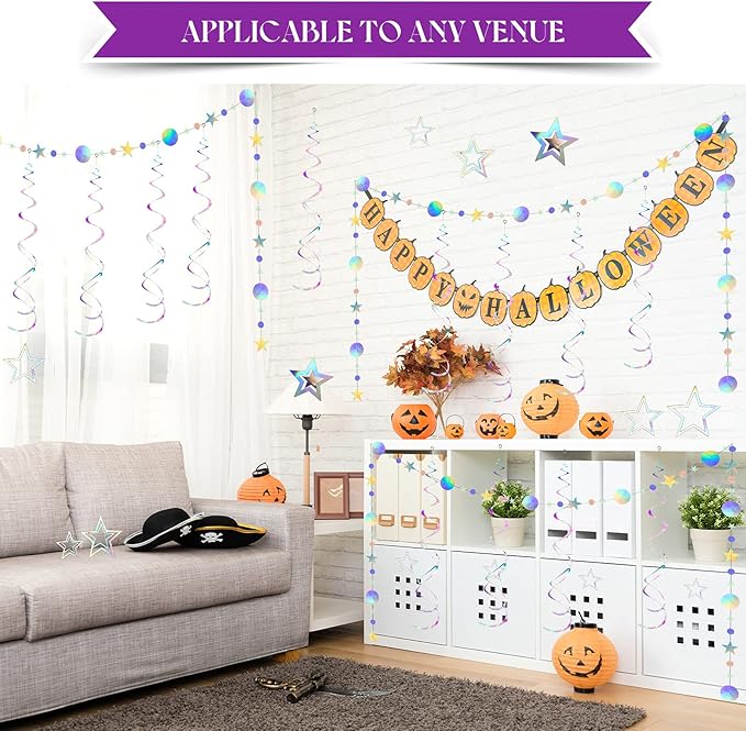 37 Pieces Iridescent Holographic Party Decorations Glitter Swirl Streamer Galaxy Garland Hanging Bling Star Party Supplies Circle Dot Swirl Streamer for Wedding Disco Birthday Decorations