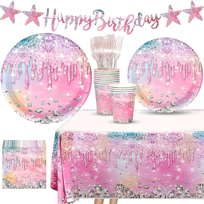 Iridescent Diamond Birthday Party Decorations, Disposable Plates, Napkin, Fork, Cup, Tablecloth, Banner for Iridescent Diamond Party Supplies Serves 24