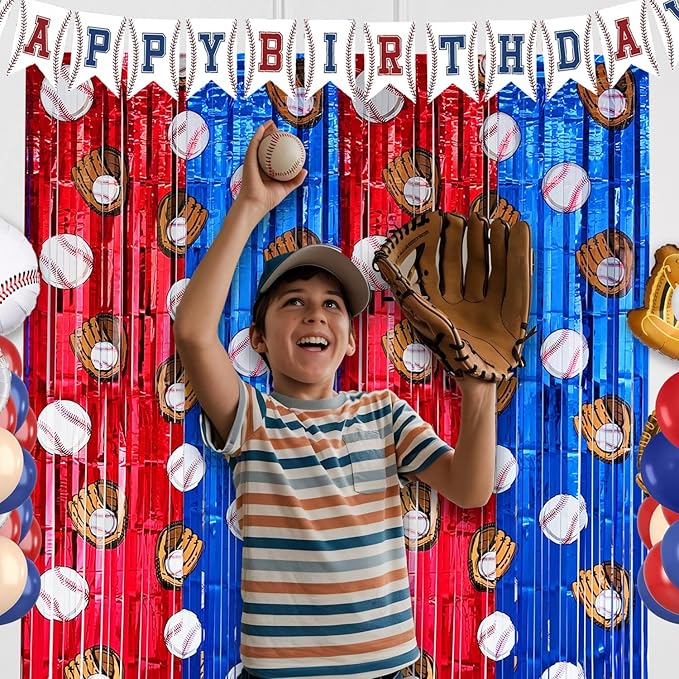 4 Pack Baseball Tinsel Foil Fringe Curtains Backdrop Party Decorations, Blue and White Red Door Streamers Banner Sports Themed Birthday Party Decor Supplies for Boys Favor