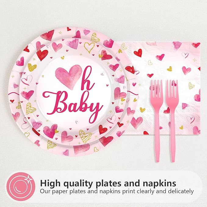 96Pcs Valentine's Day Baby Shower Party Supplies A Little Sweetheart is on The Way Party Plates and Napkins Disposable Watercolor Love Heart Tableware Set for Kids Baby Shower Decorations Serves 24