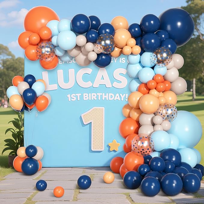 170Pcs Blue and Orange Balloons Arch Garland Kit, Navy Light Blue Orange Beige Confetti Balloons for Engagement Wedding Cartoon Dog Themed Birthday Party Decorations Supplies
