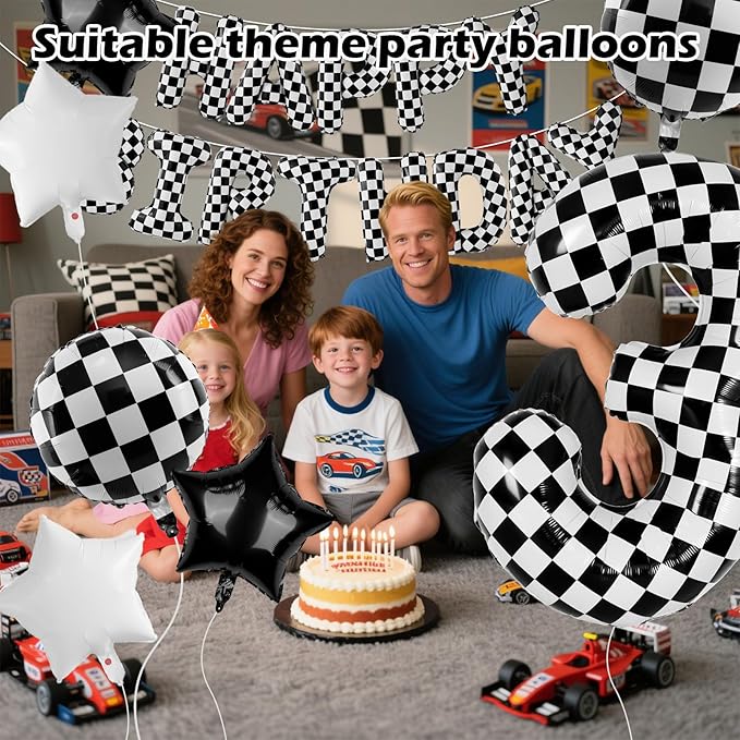 Racing Cars Themed Happy Birthday Banner Party Decorations Set Including 40 Inch Number 3 Foil Balloons, Themed Party Essentials, Checkered Backdrop Supplies for Boys Indoor Outdoor Celebration