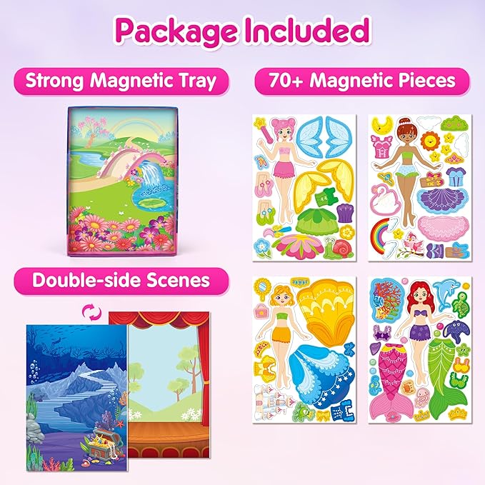 Mocoosy Magnetic Dress Up Dolls for Girls, Princess Mermaid Fairy Ballerina Magnet Doll Dress Up Kit, Travel Game Airplane Car Road Trip Activities Toy Birthday Easter Gift Toddler Girl Age 3 4 5 6 7