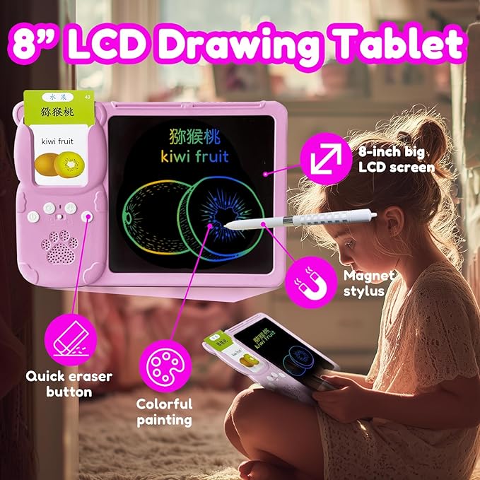 Drawing Tablet with Bilingual Flashcards for Kids - Chinese English Talking Flash Cards, LCD Writing Pad Board, Pocket Speech for Toddlers, Learning Toy Gift for Boys Girls (Chinese, Pink)