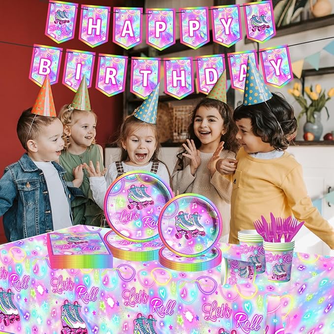 142Pcs Roller Skating Birthday Party Supplies Tableware Set Roller Skater Decoration Let's Roll Birthday for Boy or Girl,Colorful Plates and Napkins Cups Tablecloth Banner