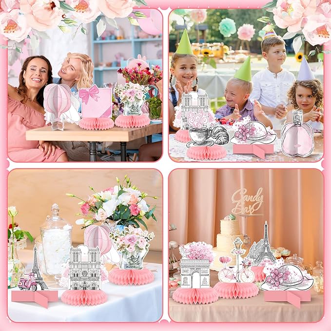 12 Pcs Paris Party Decorations Eiffel Tower Honeycomb Table Centerpieces Pink Perfume Hot Air Balloon Bicycle Paris Table Topper Decoration for French Birthday Party Favors Supplies