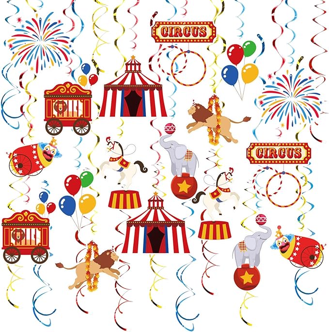 Carnival Hanging Swirl Set Party Decorations, 48 Pcs, Circus Joker Balloon Party Supplies Sign,Red Blue Yellow