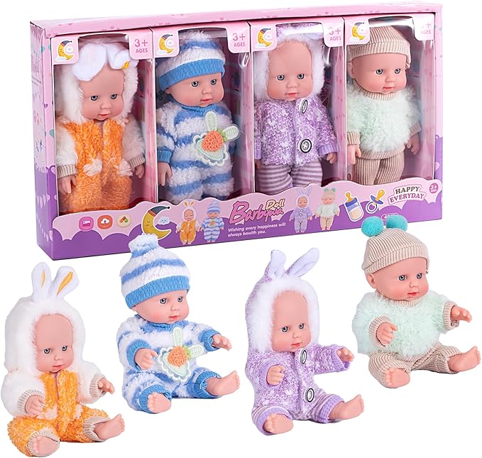 4 Pcs 7 Inch Baby Doll Playset with 4 Adorable Clothes, Mini Reborn Baby Dolls Nursery Toys for Toddlers Girls Kids 3+
