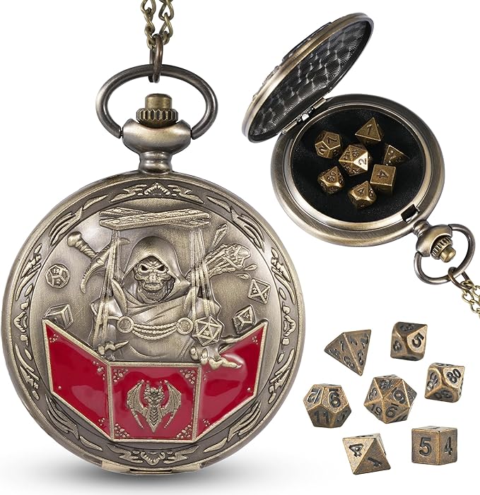 D&D Dice Set,7PCS Metal Dice for Dungeons and Dragons,Mini Dice Set with Pocket Watch Case,Role Playing Board Games Accessories (DM, Bronze)