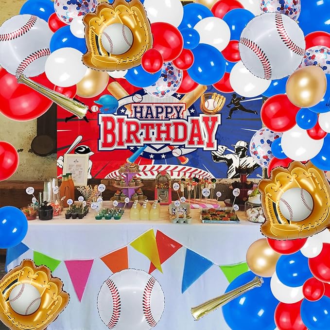 Baseball Party Balloons,Baseball Glove Jumbo Foil Mylar Baseball Bat Balloons for Birthday Sports Theme Supplies,Confetti Red and Blue white Foil Balloon for Baby Shower Party Decoration