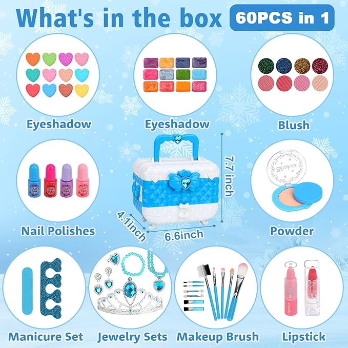 Teensymic Girls 60PCS Real Washable Makeup Kit, Princess Makeup Vanities with Accessories for Girls Age 3-12