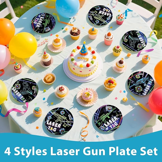 60 Pcs Laser Tag Paper Plates 7" Disposable Heavy Duty Neon Glow Shooting Game Theme Plates Laser Tag Party Tableware Set for Kids Boys Birthday Decorations Party Supplies