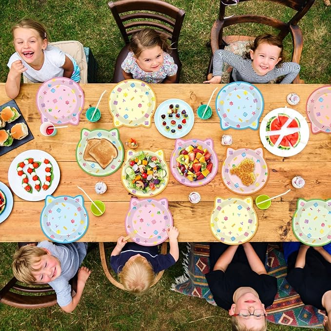 48Pcs Cat House Party Paper Plates Kitten Shaped Disposable Dessert Plates Cat Birthday Party Decoration Cute House Tableware Kitten Themed Parties Favor for Kids Birthdays Baby Showers Supplies