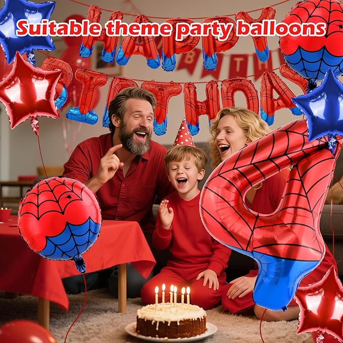 Spider Themed Happy Birthday Banner Party Decorations Set Including 40 Inch Number 4 Foil Balloons, Themed Party Essentials, Colorful Superhero Backdrop Supplies for Boys Indoor Outdoor Celebration