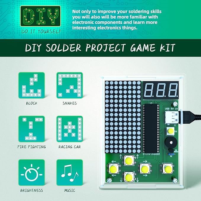 DIY Solder Project Game Kit, Soldering Projects with 4 Retro Classic Games for Electronic Soldering Practice and Learning, for Learning Teaching STEM Education Ideal Gift for Family and Friends