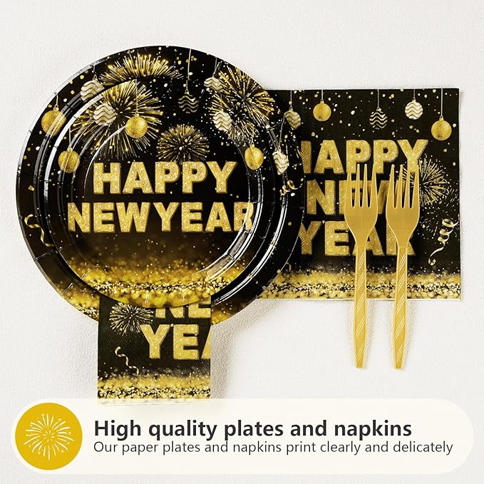 Grencian 96 PCS New Years Eve Party Supplies 350 GSM Black and Gold Happy New Year Tableware Set 2025 Disposable New Years Eve Paper Plates and Napkins for 2025 New Year Party Decorations Serves 24