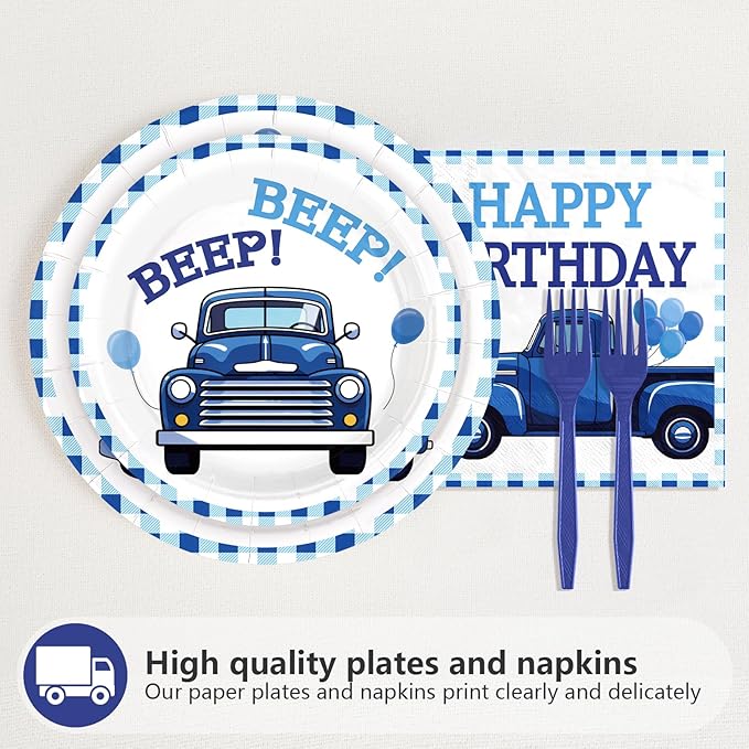 96 Blue Truck Birthday Party Supplies Blue Truck Happy Birthday Plates and Napkins Blue-White Themed Tableware Set for Kids Boys and Girls 1st 2nd 3rd Bday Party Decorations Serves 24