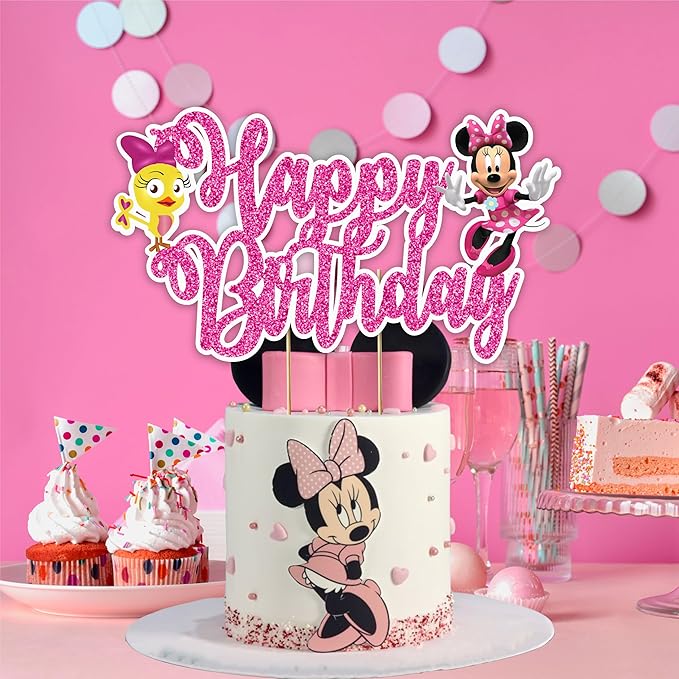 "Minie Mouse Happy Birthday Cake Topper – Cartoon Theme Cake Decoration for Girls – Pink and Cute Minie Cake Topper for Shower, Birthday Party, Family Celebrations & Cartoon Fan Events"