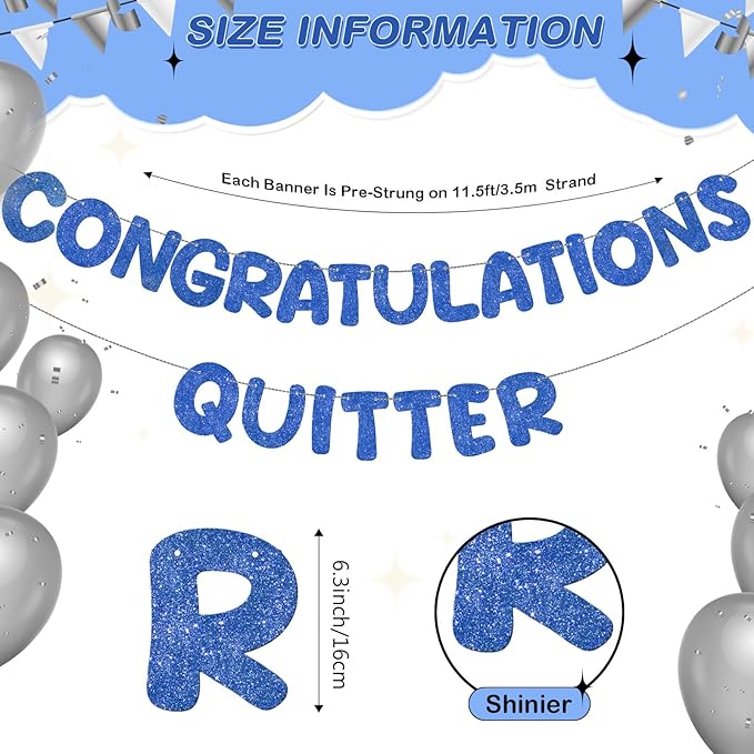 Fulmoon Pre Strung Congratulations Quitter Glitter Banner Funny Retirement Banner Graduation Party Decorations Going Away Supplies Garland for Men Women Gifts, No DIY(Navy Blue)