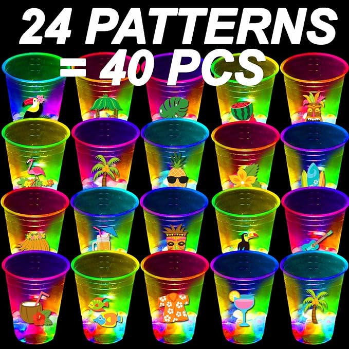 mishunyus 40 Pcs Luau Party Decorations,Glow Luau Cups,Tropical Cups,Glow Luau Party Birthday Decorations,Hawaiian Party Supplies,Hawaiin Party Decor for Luau,Aloha Party Favor,Luau Flamingo Decor