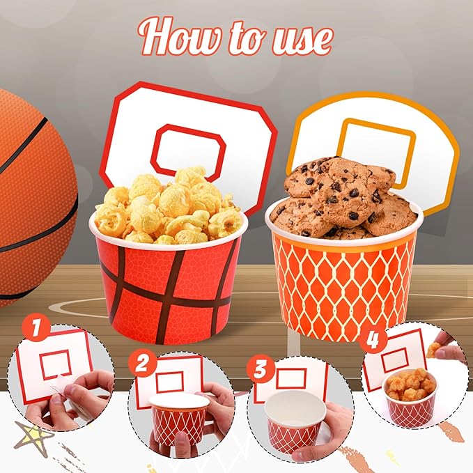 WorldBazaar Basketball Party Supplies Kids 24 Sets Basketball Hoop Snack Cups Paper Snacks Bowl Disposable Ice Cream Bowls Basketball Party Decorations