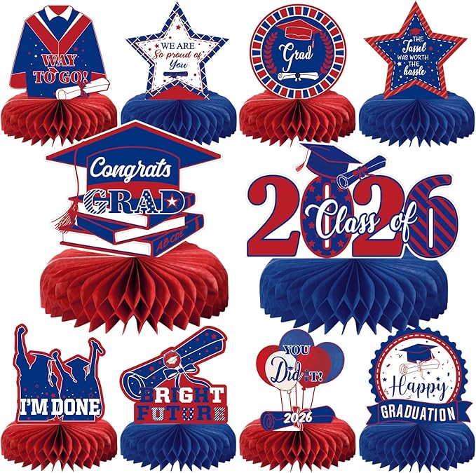 10PCS Graduation Party Decorations Class of 2026 Congrats Grad Table Centerpieces Congratulate Graduation Honeycomb Table Toppers for Graduation Party Supplies(Blue Red)
