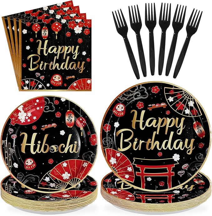 96Pcs Hibachi Birthday Decorations Black Red Japanese Cherry Plates and Napkins Japanese Hibachi Birthday Decorations Favors for Asian Japan Theme Vintage Baby Shower Party Supplies Serves 24