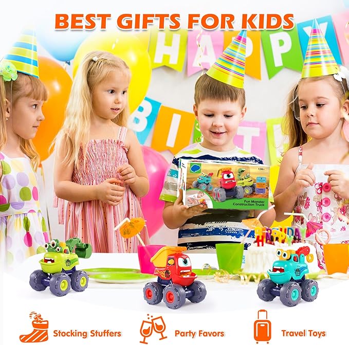 OCATO Monster Truck Toys for 1 2 3 Year Old Boy Birthday Gift, Construction Toys Pull Back Cars for Toddlers 1-3, Baby Boy Toys Toddler Kids 1st Birthday Gifts 1 2 3 Year Old Boy Toys