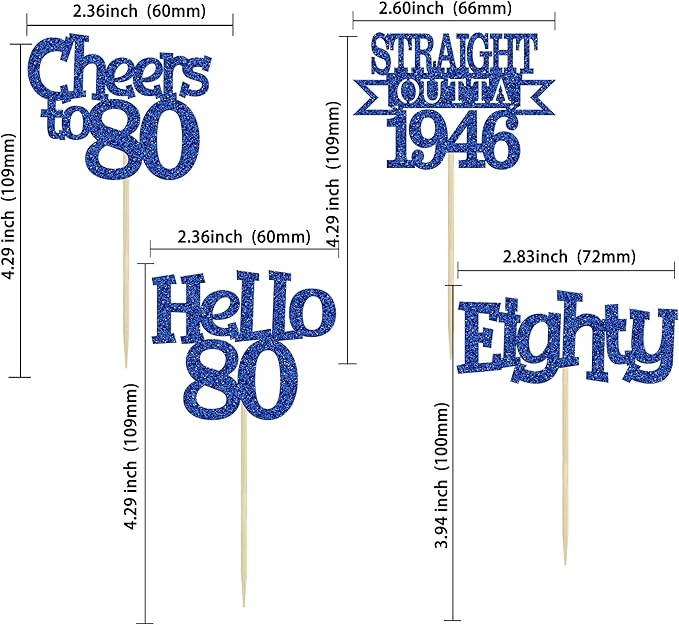 Ephlyn 24Pcs Happy 80th Birthday Cupcake Toppers Glitter Straight Outta 1946 Cupcake Picks Hello 80 Cheers to 80 Years Birthday Cake Decorations for 80th Birthday Anniversary Party Supplies Blue