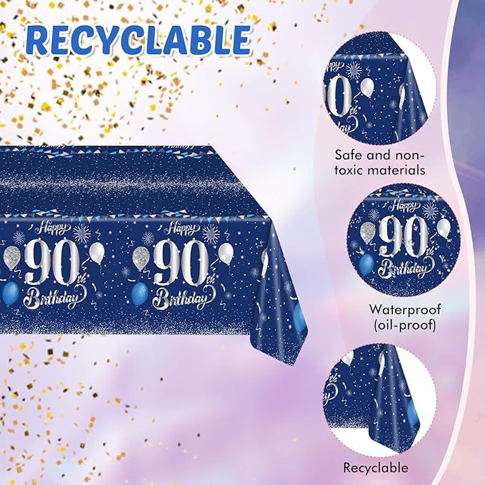 Blue 90th Birthday Decorations for Men Navy Blue Silver Happy 90th Birthday Tableware Set Include Happy 90th Birthday Plates Napkins Tablecloth for 90 Year Old Anniversary 1936 Party Decor Supplies