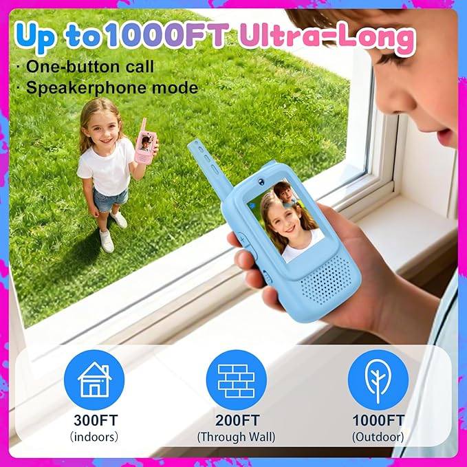Video Walkie Talkies for Kids, 2 Pack Rechargeable Video Intercom Kids Walkies Talkies with HD Camera & Voice, Indoor Outdoor Games,Camping, Hiking for Boys Girls 3-12