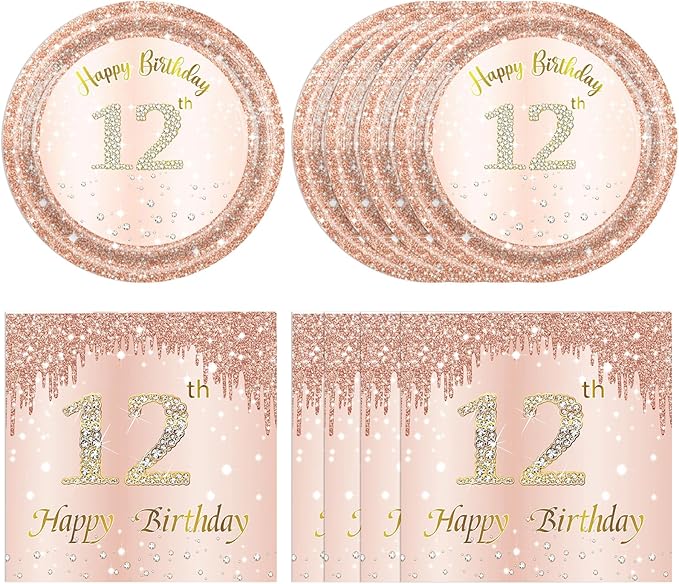40Pcs 12th Birthday Decorations for Girls Rose Gold 12th Birthday Party Plates and Napkins Happy 12 Years Party Theme Tableware Disposable 7'' Paper Plates, Napkins for Her,Girls Teen Party Supplies